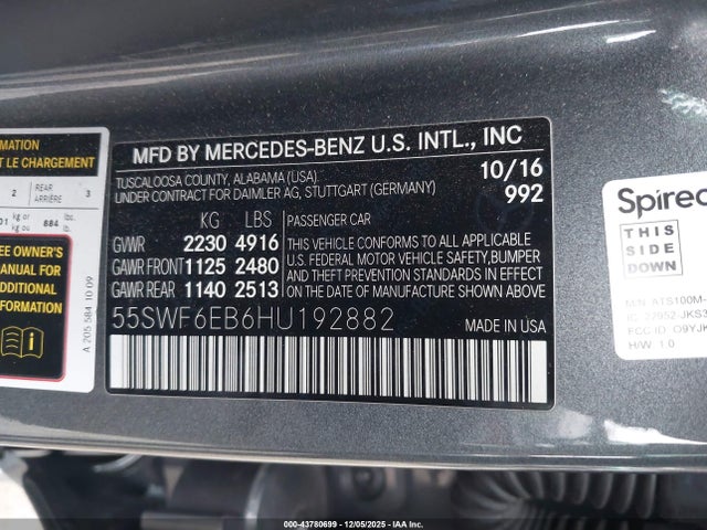 Aukcja sprzedaży 2017 Mercedes-benz Amg C 43 4matic, vin: 55SWF6EB6HU192882, numer aukcji: 43780699
