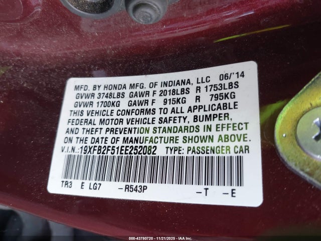 43780720 :رقم المزاد ، 19XFB2F51EE252082 vin ، 2014 Honda Civic Lx مزاد بيع