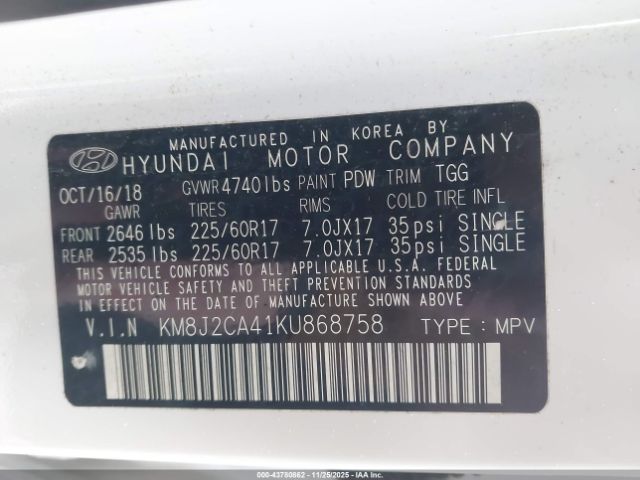 2019 HYUNDAI TUCSON KM8J2CA41KU868758 Photo 8
