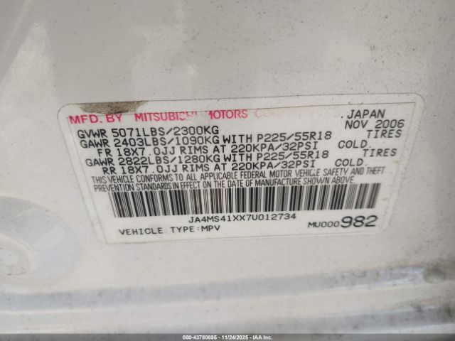 2007 MITSUBISHI OUTLANDER JA4MS41XX7U012734 Photo 8