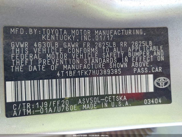 Продаж на аукціоні авто 2017 Toyota Camry Se, vin: 4T1BF1FK7HU389385, номер лоту: 43781089