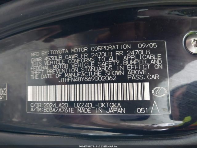 2006 LEXUS SC 430 JTHFN48Y869002062 Photo 8