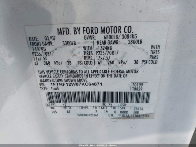 2007 FORD F-150 1FTRF12W87KC64871 Photo 8
