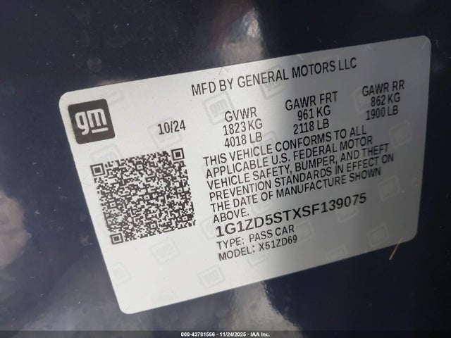 1G1ZD5STXSF139075 Chevrolet Malibu Fwd 1lt
