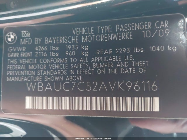 2010 Bmw 135i მანქანა იყიდება აუქციონზე, vin: WBAUC7C52AVK96116, აუქციონის ნომერი: 43781719