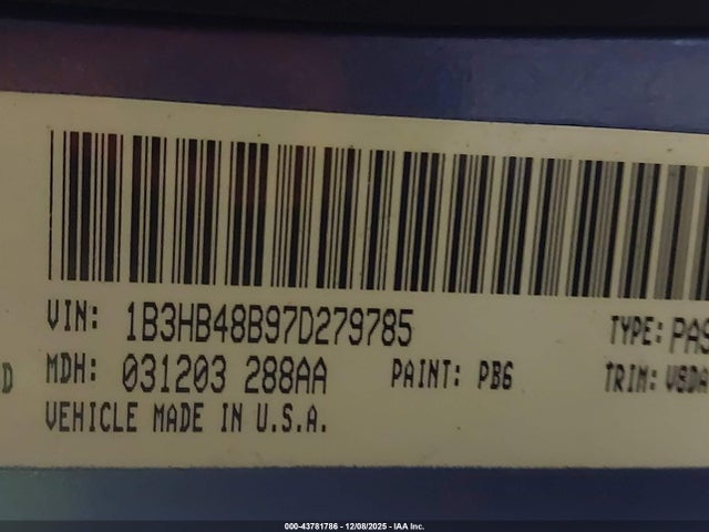 43781786 :رقم المزاد ، 1B3HB48B97D279785 vin ، 2007 Dodge Caliber Sxt مزاد بيع