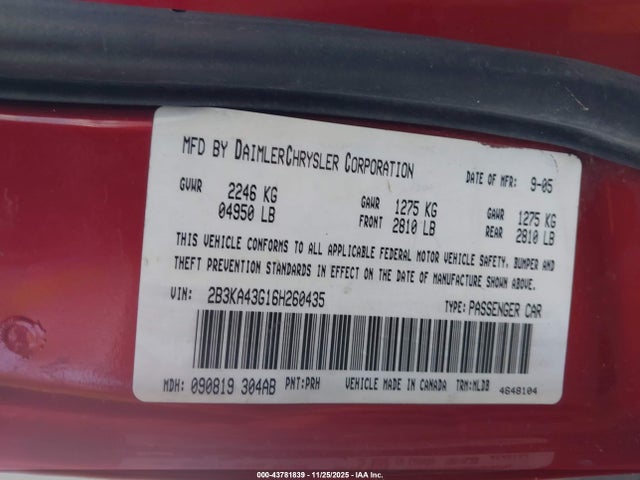 Продажа на аукционе авто 2006 Dodge Charger, vin: 2B3KA43G16H260435, номер лота: 43781839