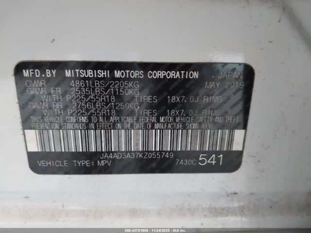 2019 MITSUBISHI OUTLANDER JA4AD3A37KZ055749 Photo 8