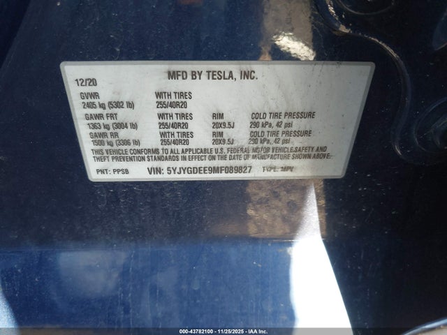 2021 TESLA MODEL Y 5YJYGDEE9MF089827 Photo 8