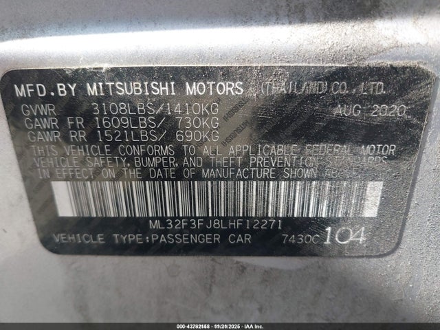 Продаж на аукціоні авто 2020 Mitsubishi Mirage G4 Es, vin: ML32F3FJ8LHF12271, номер лоту: 43782158