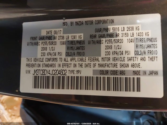 43782181 :رقم المزاد ، JM3TCBDY4J0204602 vin ، 2018 Mazda Cx-9 Grand Touring مزاد بيع