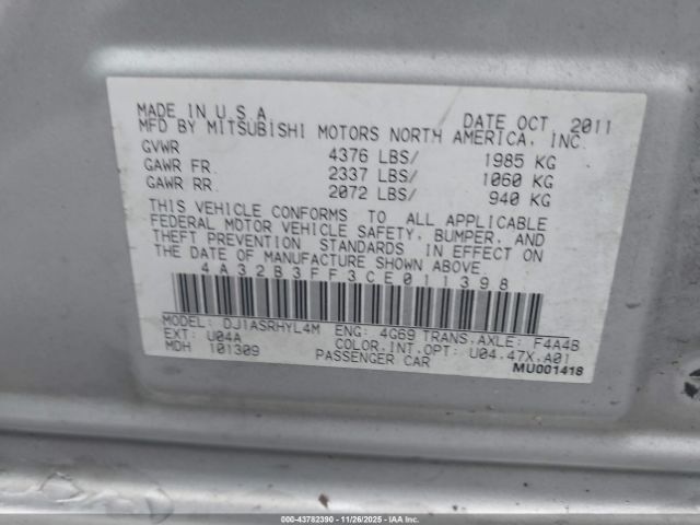 2012 MITSUBISHI GALANT 4A32B3FF3CE011398 Photo 8
