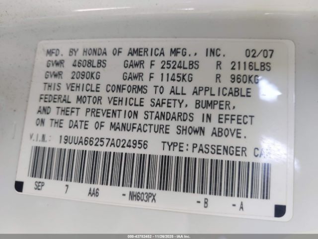 2007 ACURA TL 19UUA66257A024956 Photo 8