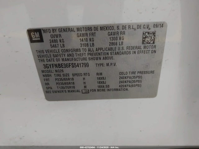 3GYFNBE36FS541799 Cadillac Srx Luxury Collection