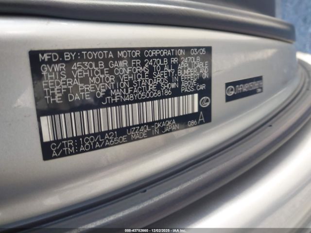 2005 LEXUS SC 430 JTHFN48Y050068186 Photo 8