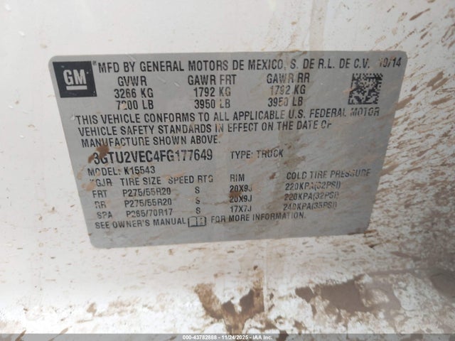 43782888 :رقم المزاد ، 3GTU2VEC4FG177649 vin ، 2015 Gmc Sierra 1500 Slt مزاد بيع