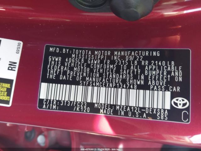 2022 TOYOTA COROLLA 5YFS4MCEXNP134748 Photo 8