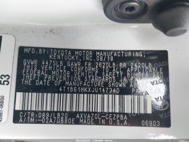2018 TOYOTA CAMRY 4T1B61HKXJU147340 Photo 8