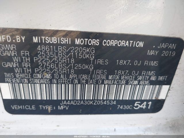2019 MITSUBISHI OUTLANDER JA4AD2A30KZ054534 Photo 8