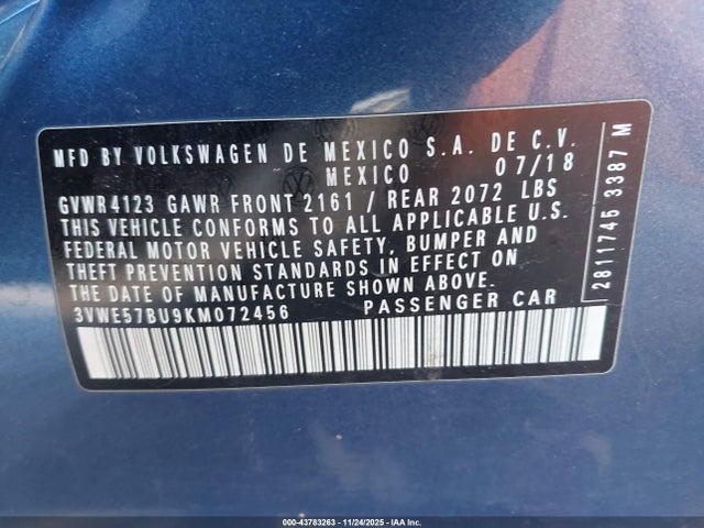 2019 Volkswagen Jetta 1.4t Sel მანქანა იყიდება აუქციონზე, vin: 3VWE57BU9KM072456, აუქციონის ნომერი: 43783263