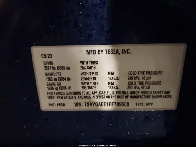 43783289 :رقم المزاد ، 7SAYGAEE1PF789508 vin ، 2023 Tesla Model Y Awd/long Range Dual Motor All-wheel Drive مزاد بيع