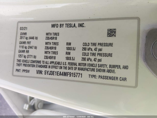 2021 TESLA MODEL 3 5YJ3E1EA4MF915771 Photo 8