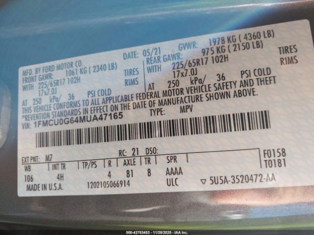 2021 FORD ESCAPE 1FMCU0G64MUA47165 Photo 8