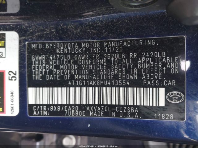 2021 TOYOTA CAMRY 4T1G11AK8MU413554 Photo 8