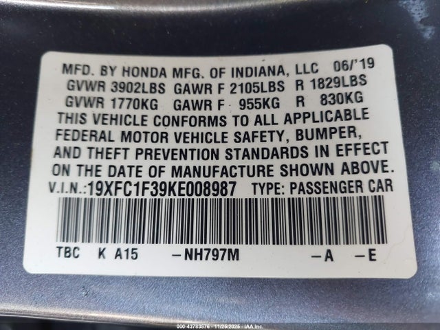 43783576 :رقم المزاد ، 19XFC1F39KE008987 vin ، 2019 Honda Civic Ex مزاد بيع