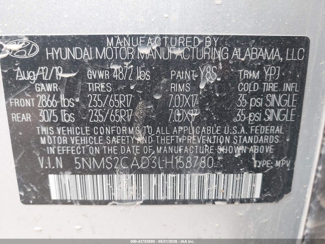 Aukcja sprzedaży 2020 Hyundai Santa Fe Se, vin: 5NMS2CAD3LH158780, numer aukcji: 43783590