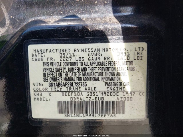 43783596 :رقم المزاد ، 3N1AB6AP2BL722785 vin ، 2011 Nissan Sentra 2.0s مزاد بيع