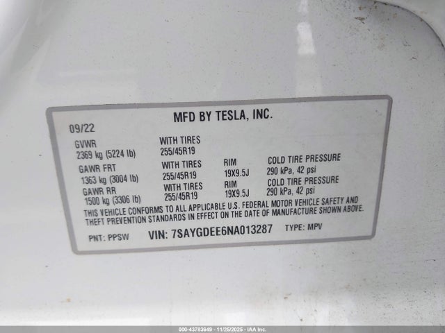2022 TESLA MODEL Y 7SAYGDEE6NA013287 Photo 8