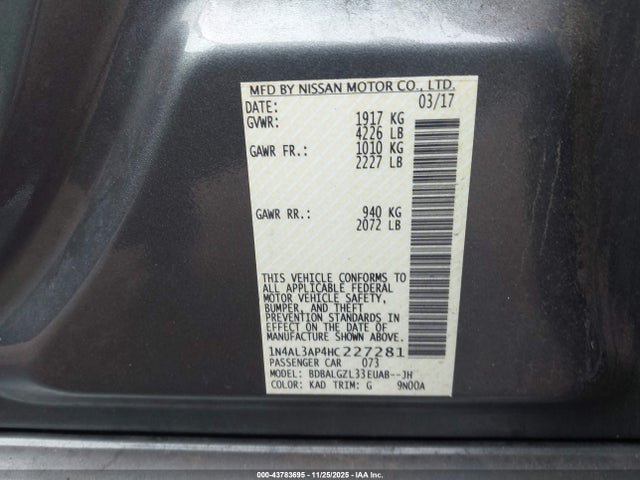 Продажа на аукционе авто 2017 Nissan Altima 2.5 S, vin: 1N4AL3AP4HC227281, номер лота: 43783695