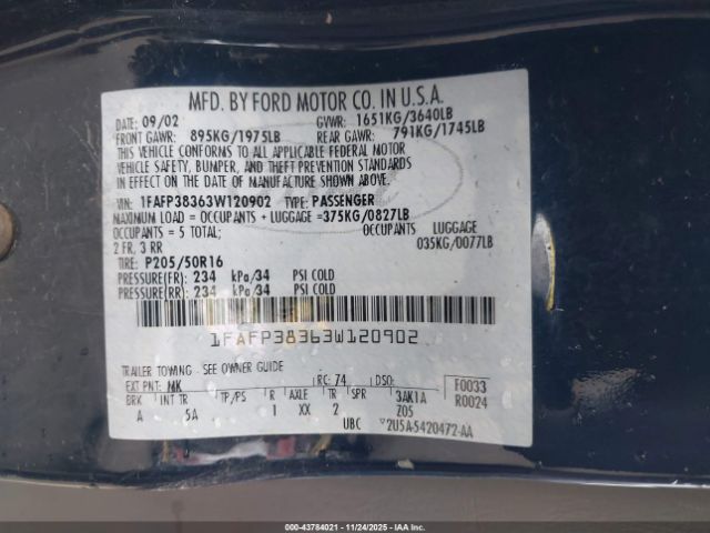 2003 FORD FOCUS 1FAFP38363W120902 Photo 8