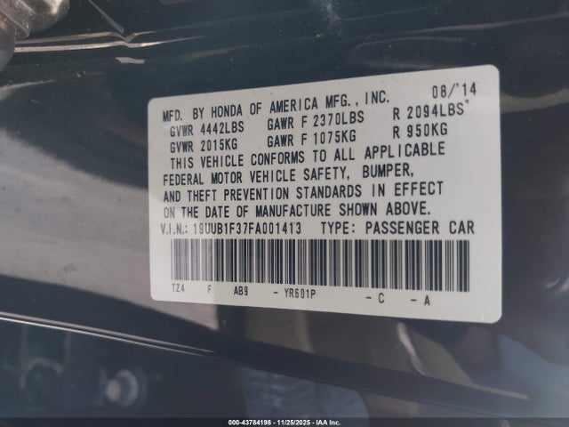 43784198 :رقم المزاد ، 19UUB1F37FA001413 vin ، 2015 Acura Tlx مزاد بيع
