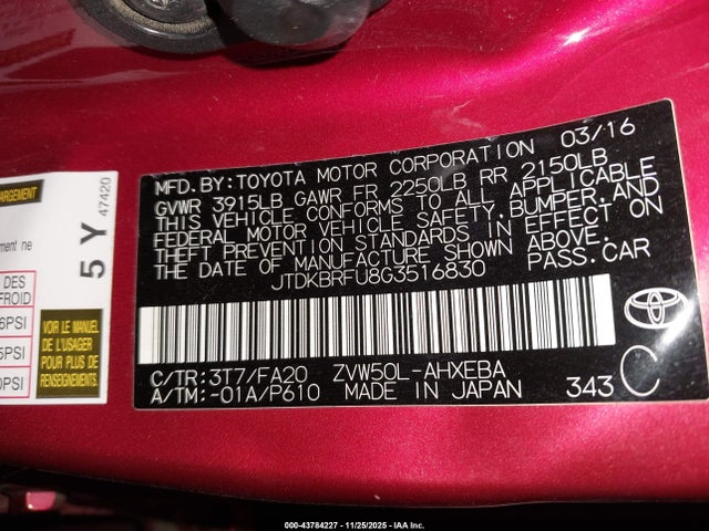 JTDKBRFU8G3516830 Toyota Prius Two