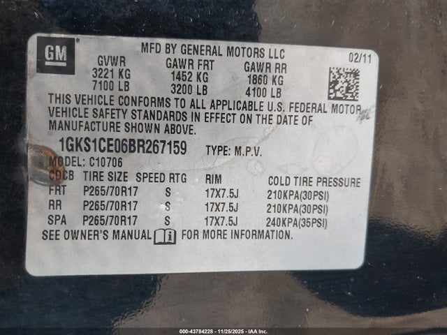 Aukcja sprzedaży 2011 Gmc Yukon Slt, vin: 1GKS1CE06BR267159, numer aukcji: 43784228