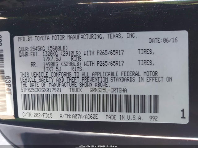 5TFRZ5CN2GX017921 Toyota Tacoma Trd Sport