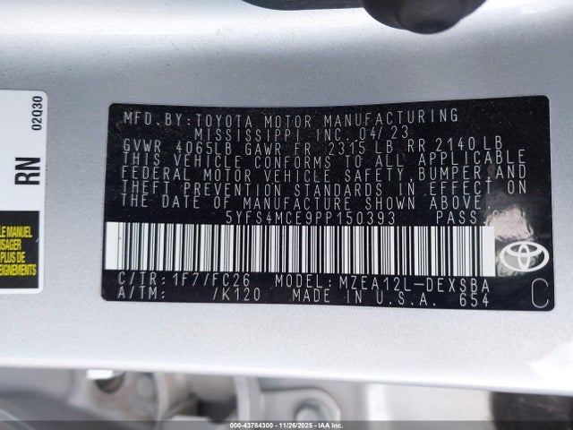 43784300 :رقم المزاد ، 5YFS4MCE9PP150393 vin ، 2023 Toyota Corolla Se مزاد بيع
