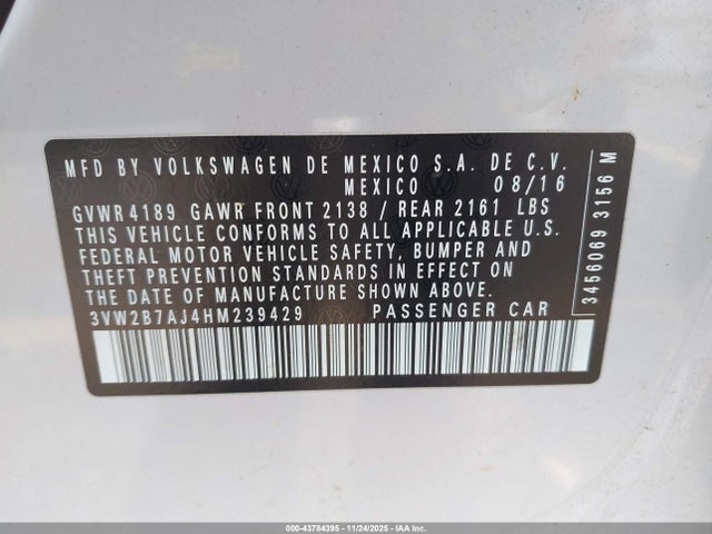 Aukcja sprzedaży 2017 Volkswagen Jetta 1.4t S, vin: 3VW2B7AJ4HM239429, numer aukcji: 43784395