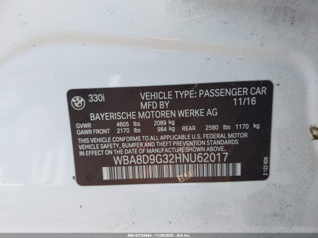 2017 Bmw 330i Xdrive მანქანა იყიდება აუქციონზე, vin: WBA8D9G32HNU62017, აუქციონის ნომერი: 43784484