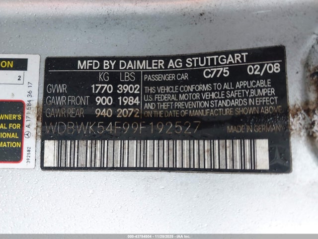 43784504 :رقم المزاد ، WDBWK54F99F192527 vin ، 2009 Mercedes-benz Slk 300 مزاد بيع