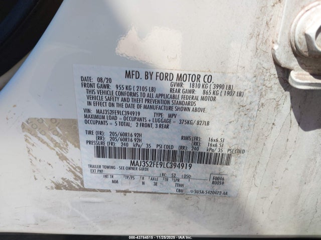 Продаж на аукціоні авто 2020 Ford Ecosport S, vin: MAJ3S2FE9LC394919, номер лоту: 43784515