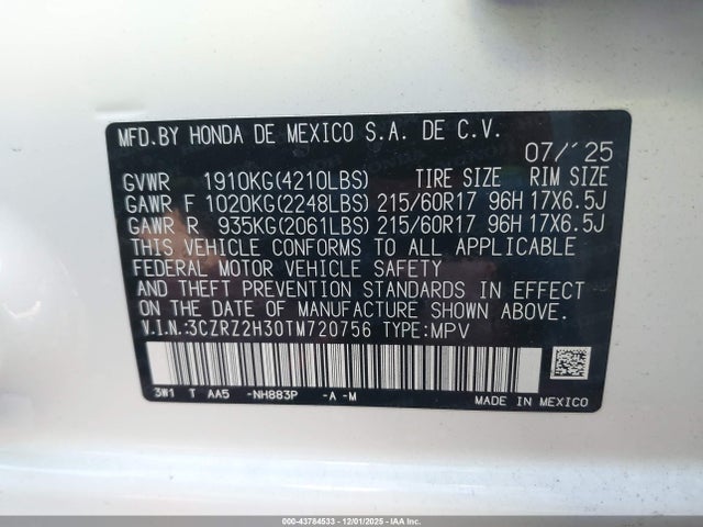 3CZRZ2H30TM720756 Honda Hr-v Awd Lx