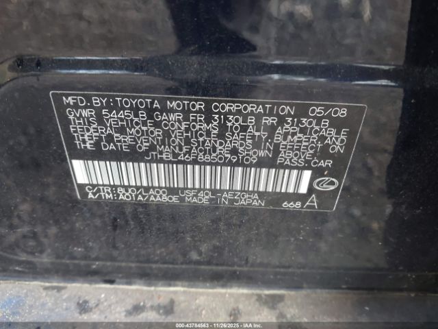 2008 LEXUS LS 460 JTHBL46F885079109 Photo 8