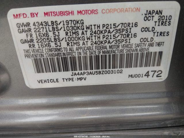 2011 MITSUBISHI OUTLANDER SPORT JA4AP3AU5BZ003102 Photo 8