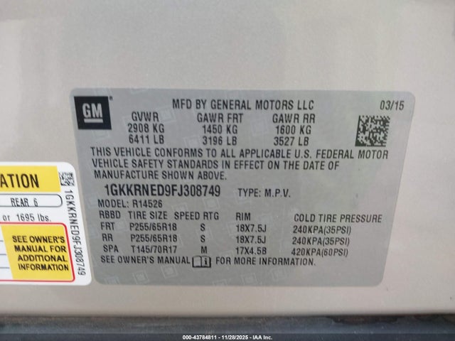 2015 Gmc Acadia Sle-1 მანქანა იყიდება აუქციონზე, vin: 1GKKRNED9FJ308749, აუქციონის ნომერი: 43784811