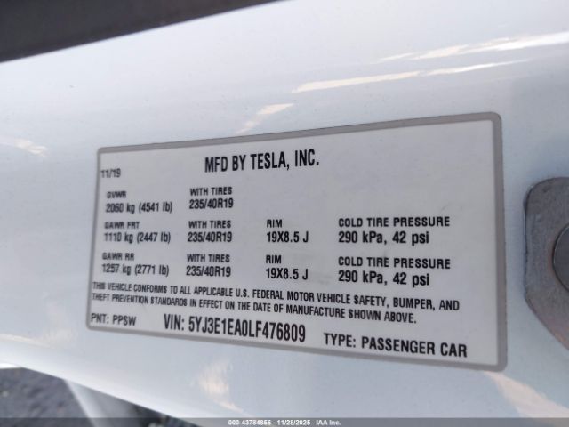 2020 TESLA MODEL 3 5YJ3E1EA0LF476809 Photo 8