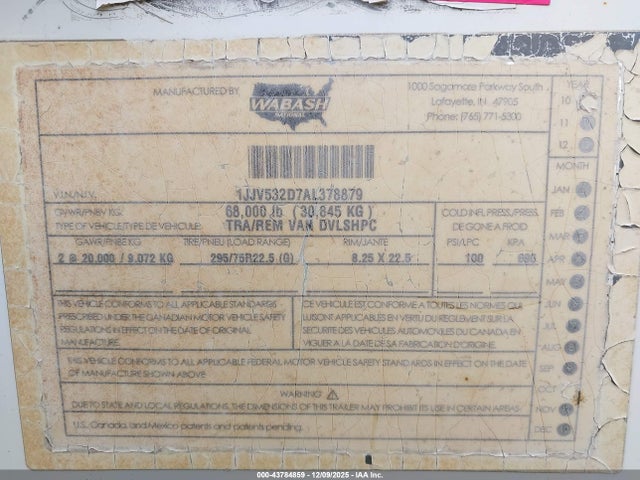 Продаж на аукціоні авто 2010 Wabash National Corp Trailer, vin: 1JJV532D7AL378879, номер лоту: 43784859
