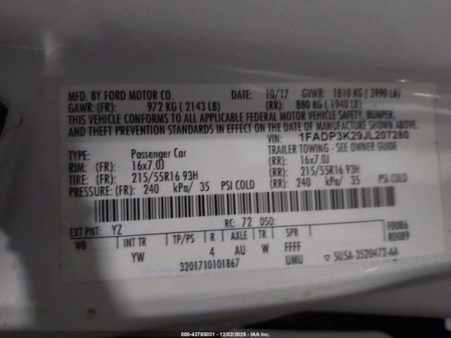 1FADP3K29JL207280 Ford FOCUS SE